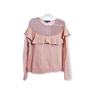 Almost Famous Pink Cotton Fishnet Ruffle Sweatshirt, Size XL